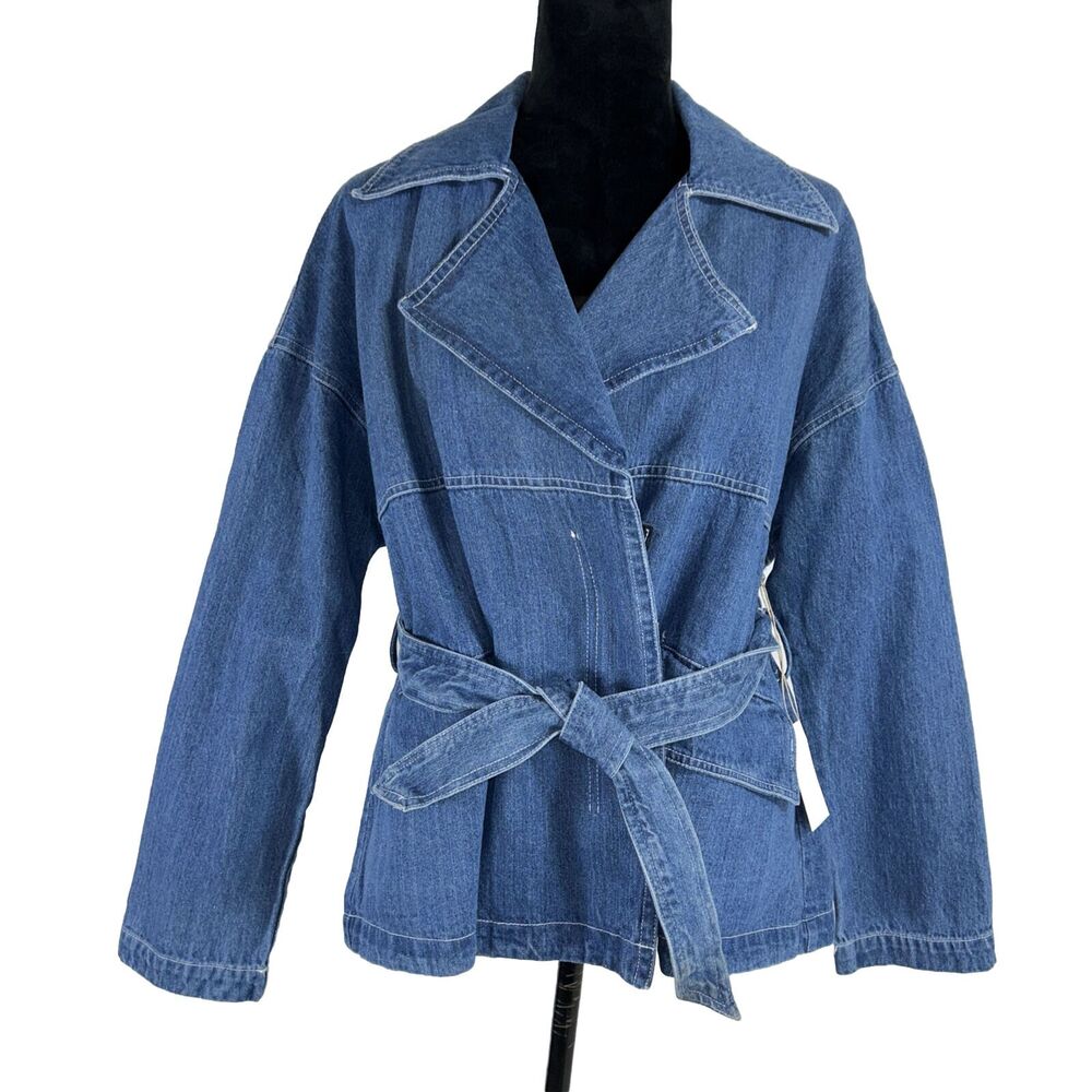 Chrysanthemum Denim Jean Jacket Women S Blue Pockets Button Down Tie Belt NWT